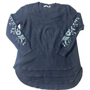 Soft Surroundings Black Embroidered Sleeve High-Low Sweater Cotton M